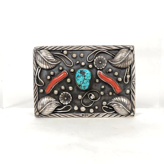 Vintage Navajo Turquoise Coral Branch Sterling Si… - image 1