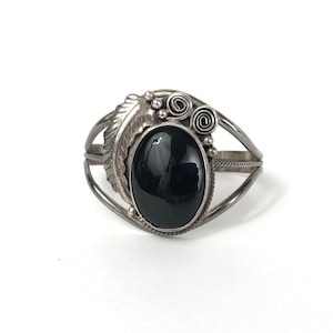 Navajo Obsidian Leaf Sterling Silver Cuff Bracelet Signed BB