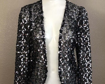 Sheer Lace Black Floral Design Vintage Sequin Cropped Jacket Sz S Early 1900's