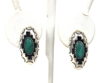 Navajo Shadowbox Earrings w Malachite Stamped Sterling Silver Estate Find 7/8"