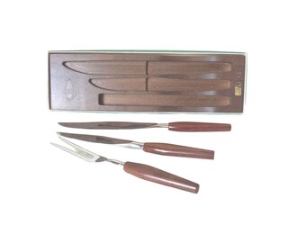 Mid Century Washington Forge Teakholz Messer und Gabel Set mit Original Box EXC