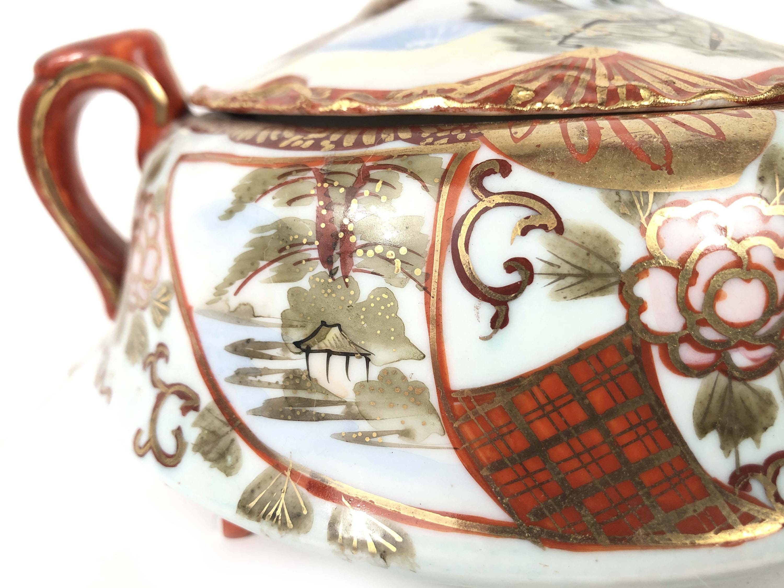 九谷焼？ アンティーク シュガーポット 顔 明治期 里帰り 陶磁器 骨董 九谷焼 アンティーク シュガーポット 8インチ 明治時代 VGC 手描き