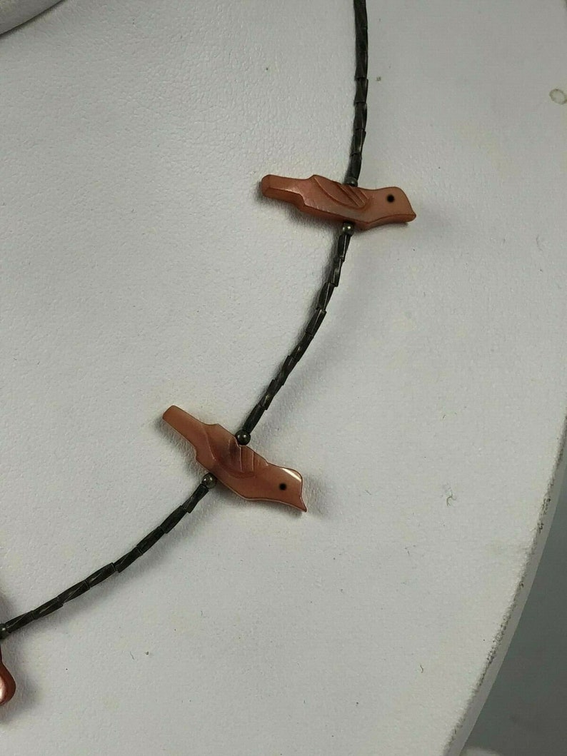 Vintage Sterling Silver Southwestern Pink Mother of Pearl Bird Fetish Necklace