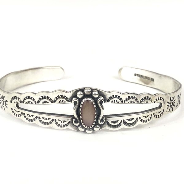 WM Wheeler Vintage Pink MOP Stamped Sterling Silver 925 Tribal Cuff Bracelet
