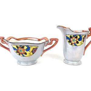 Art Deco Lusterware Hand Painted Porcelain Sugar Creamer Set Made in Japan