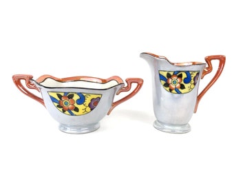 Art Deco Lusterware Hand Painted Porcelain Sugar Creamer Set Made in Japan