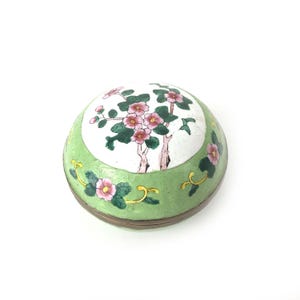Chinese Canton Enamel Petite Vtg Hand Painted Copper Lidded Box Flower Design