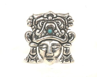 Casa Prieto Mexican Vintage Sterling Silver 2.5" Large Face Pin ca: 1940's RARE