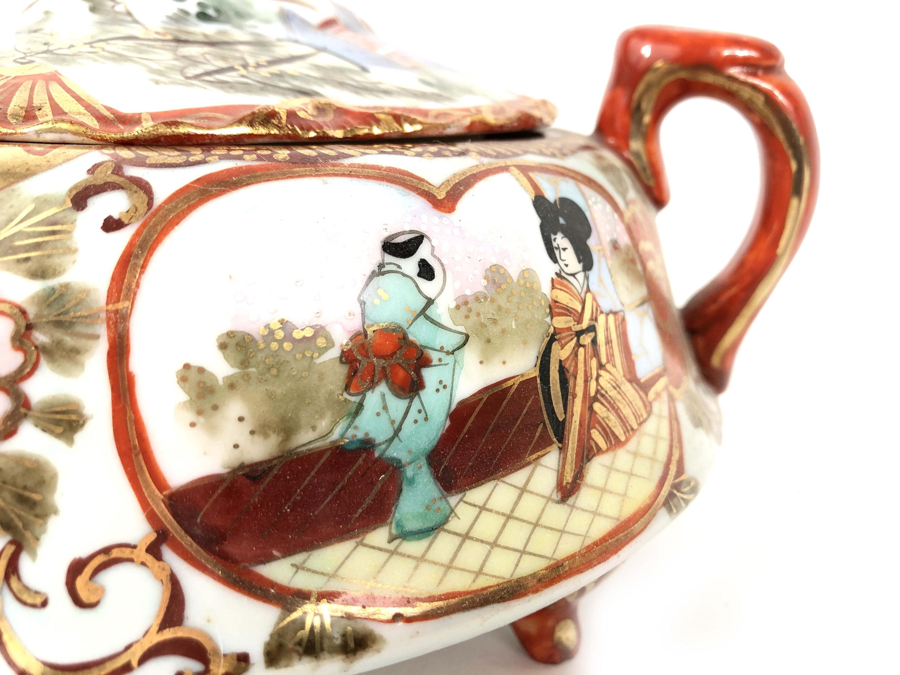 九谷焼 アンティーク シュガーポット 8インチ 明治時代 VGC 手描き