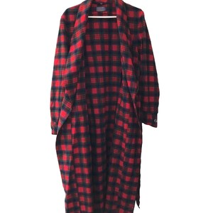 May include: A long, open-front robe featuring a red and dark navy blue plaid pattern. The garment has long sleeves with buttoned cuffs, a wide shawl collar, and a tie-waist closure. The fabric displays a consistent checkered design throughout.