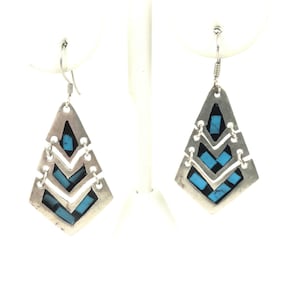 Inlaid Turquoise Dangle Drop Mexican Sterling Silver 1.75" Articulated Earrings
