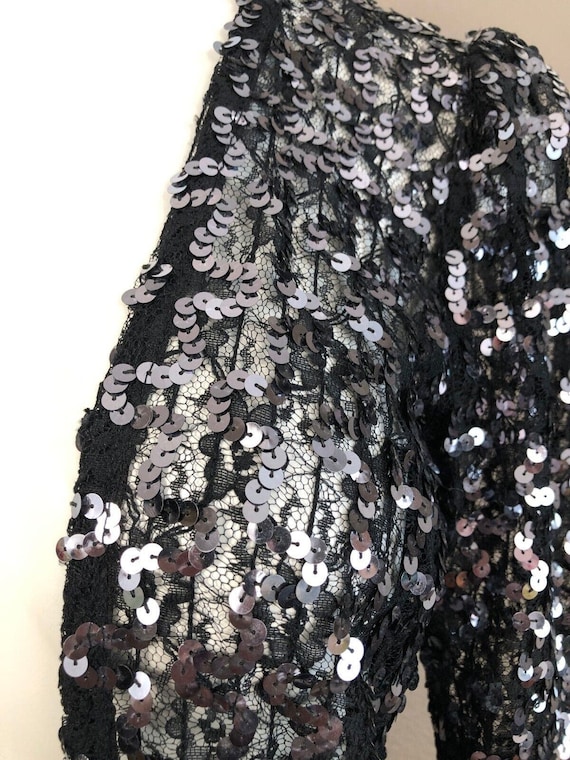 Sheer Lace Black Floral Design Vintage Sequin Cropped Jacket Sz S