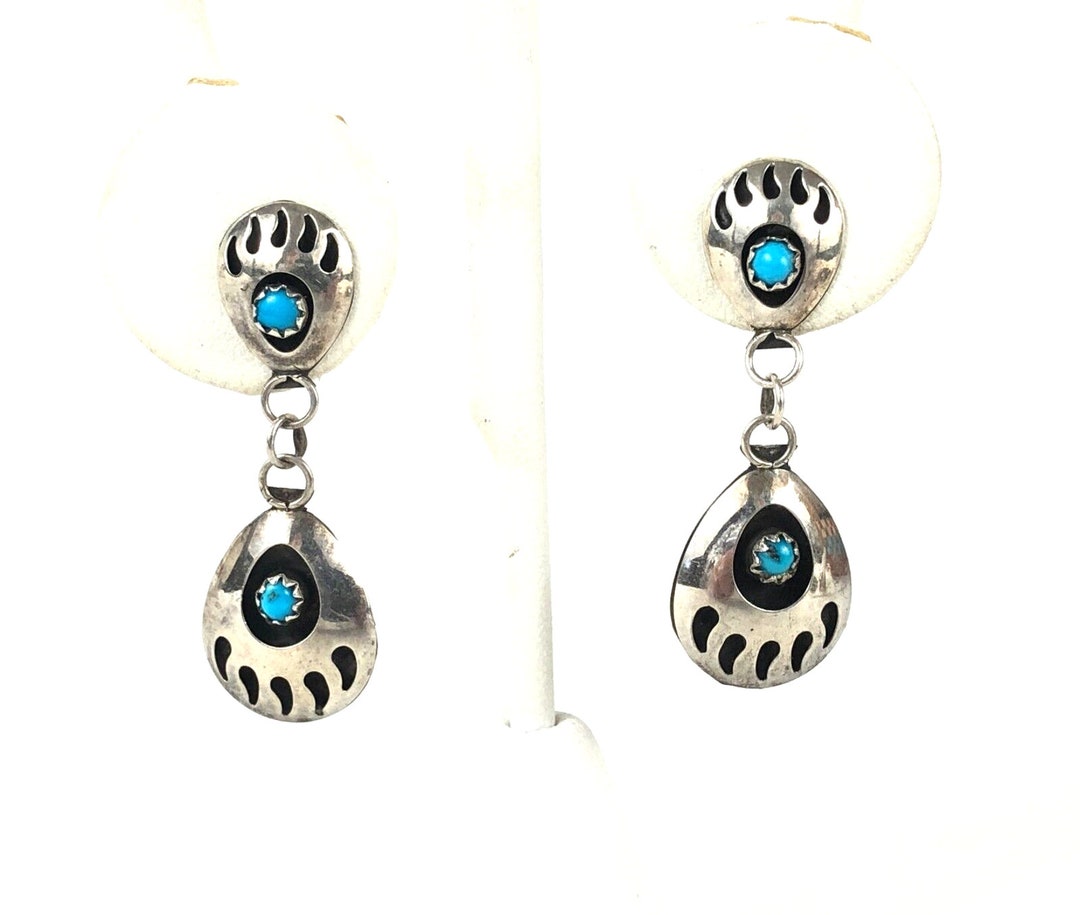 Bear Claw Shadowbox Turquoise Sterling Silver Dangle Earrings Pre-owned ...