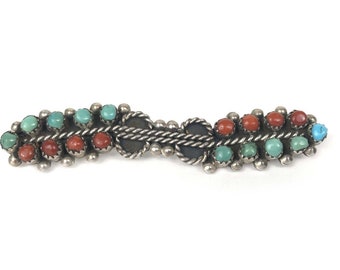 Zuni Snake Eye Sterling Silver Turquoise Coral Pin Brooch Pre-Owned Estate 3"