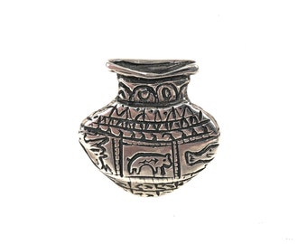 Tribal Southwestern Artisan Engraved Sterling Silver Pottery Pot Pin Pendant