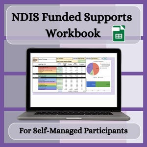 May include: A laptop computer screen displaying a spreadsheet with the title "NDIS Funded Supports Workbook" and the text "For Self-Managed Participants". The spreadsheet includes a pie chart and a bar chart.