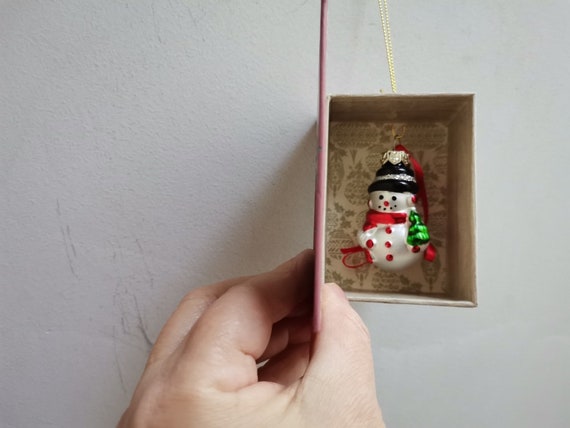 Snowman ornament, vintage snowman figurine ornament in a box, tiny snowman ornament in vintage box with xmas decor cover, snowman xmas gift