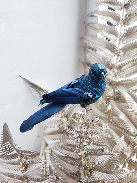 Blue bird ornament, royal blue bird figure with long tail and sequined body, vintage sparkling ornament