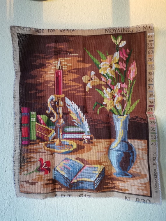 Vintage embroidered canvas, vintage DMC embroidered tapestry with still life theme, seventies needlepoint embroidery