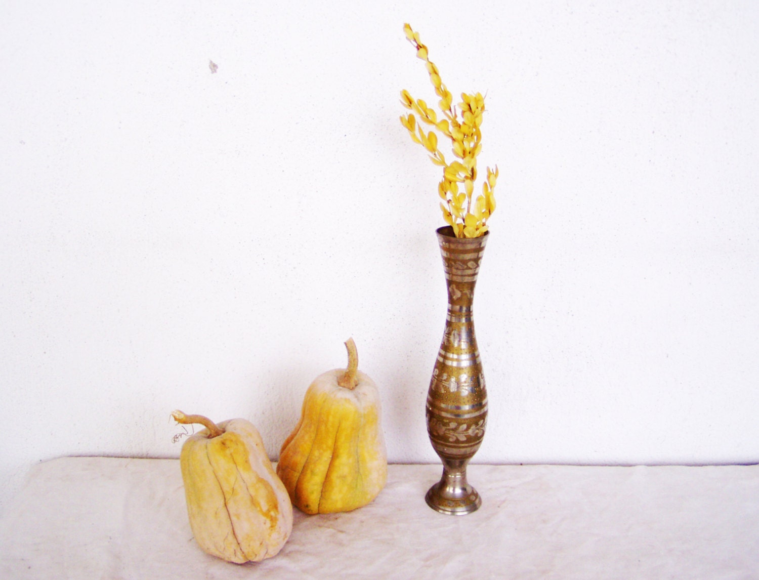 Vintage metal vase, tall, brass plated, hand carved, bud vase with
