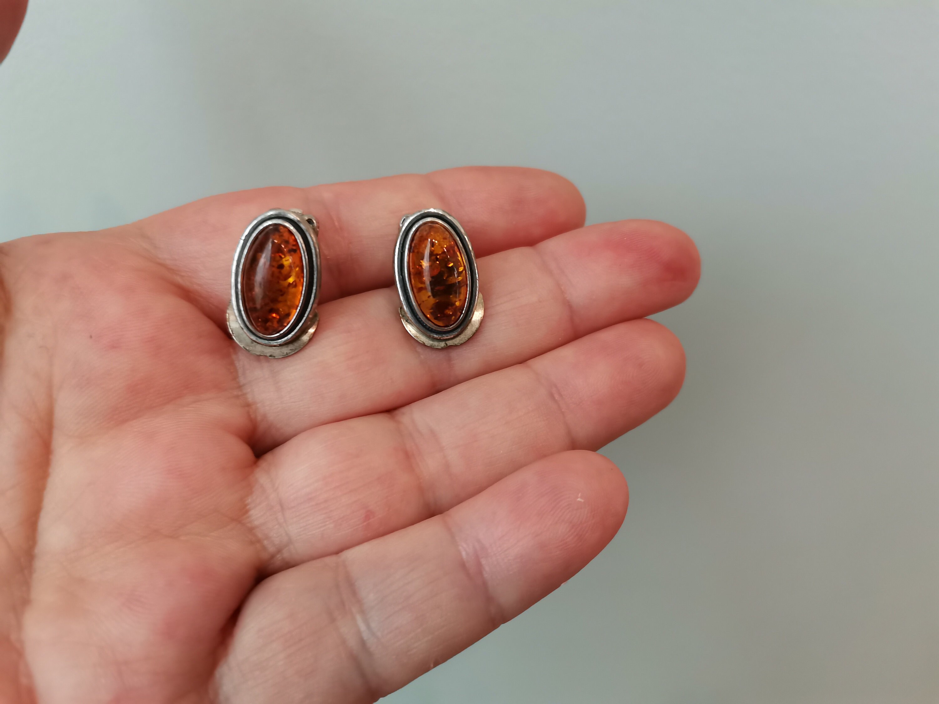 Vintage amber earrings, sterling silver oval,clip on earrings with