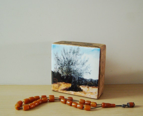 Olive tree wooden box, wooden box with Greek olive tree decoupage, vintage gift box, olive tree landscape vanity box