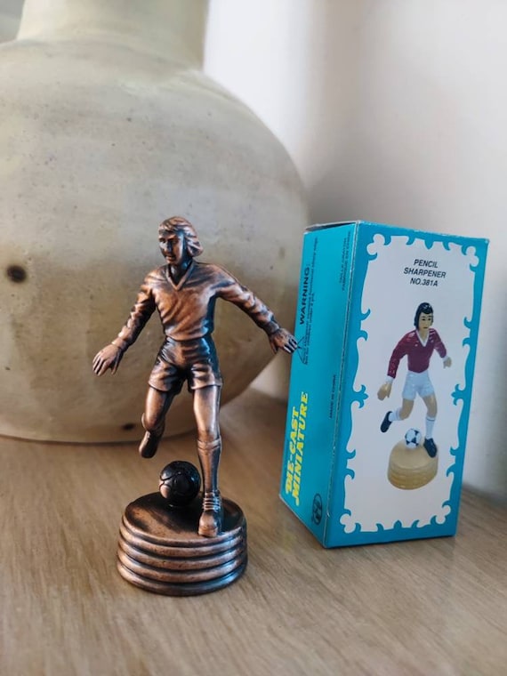 Footballer figurine, copper pencil sharpener with football player figurine, soccer player figure with pencil sharpener, vintage sharpener