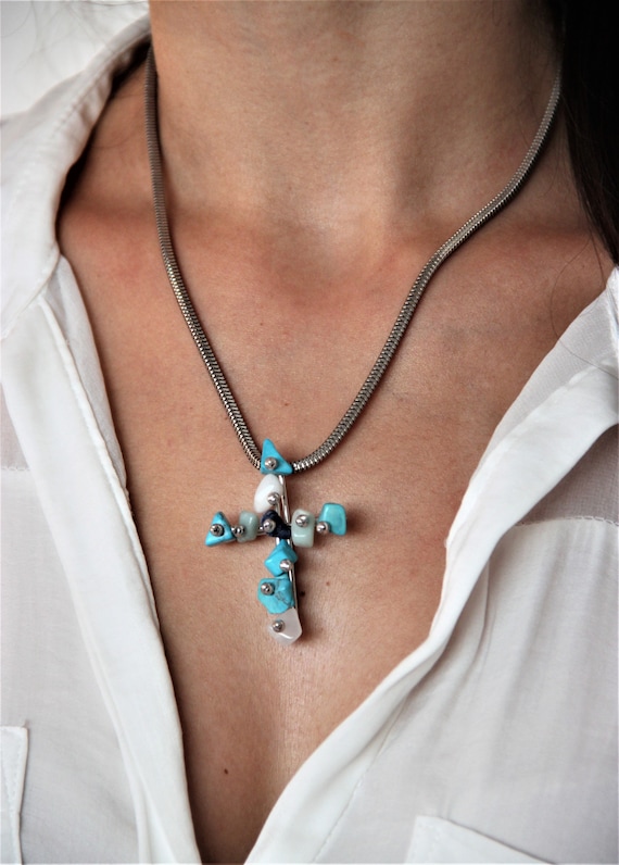 Blue stones cross, sterling silver cross with blue gem stones, modern silver cross on silver chain, unique blue gems cross necklace