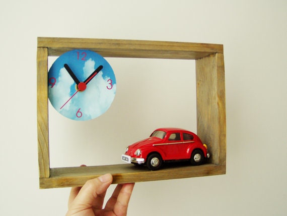 Red car clock, wooden clock with car miniature, wooden frame clock desk or wall clock with collectible car miniature, kids room decor