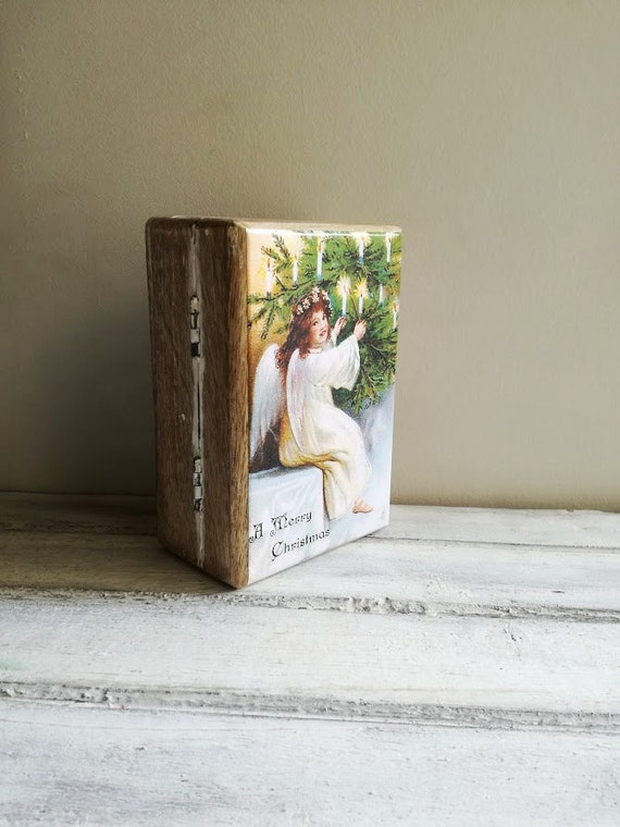 Christmas wooden box with angel decoupage, vintage illustration of angel with Christmas tree, Xmas box with angel and 'Merry Christmas' sign