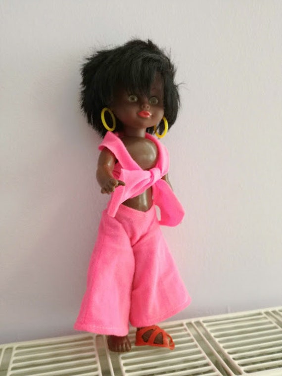 Vintage black doll, cropped hair black doll girl with shocking pink pants and top, rare black doll girl with fuchsia outfit, late seventies