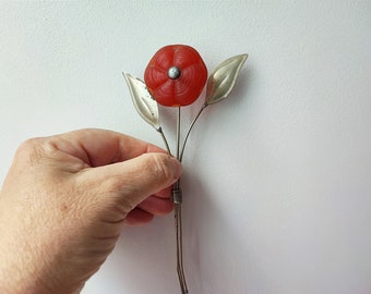 Vintage flower of metal and glass, alloy and glass decorative flower in red and blue, vintage Greek folk art, metal flower decor