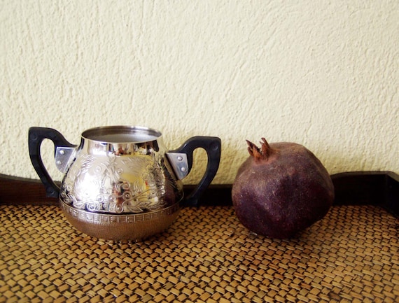 Vintage canister with handles, metal canister with plastic handles, metal, engraved sugar bowl, vintage Soviet silver pot, early sixties