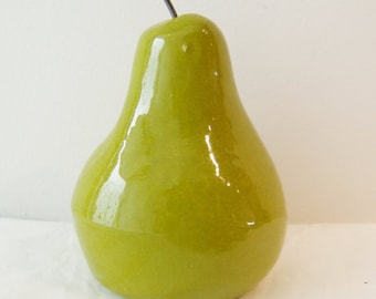 Ceramic pear sculpture, life size ceramic pear, minimal design fruit of earthenware clay with metal stem, lime green pear art object