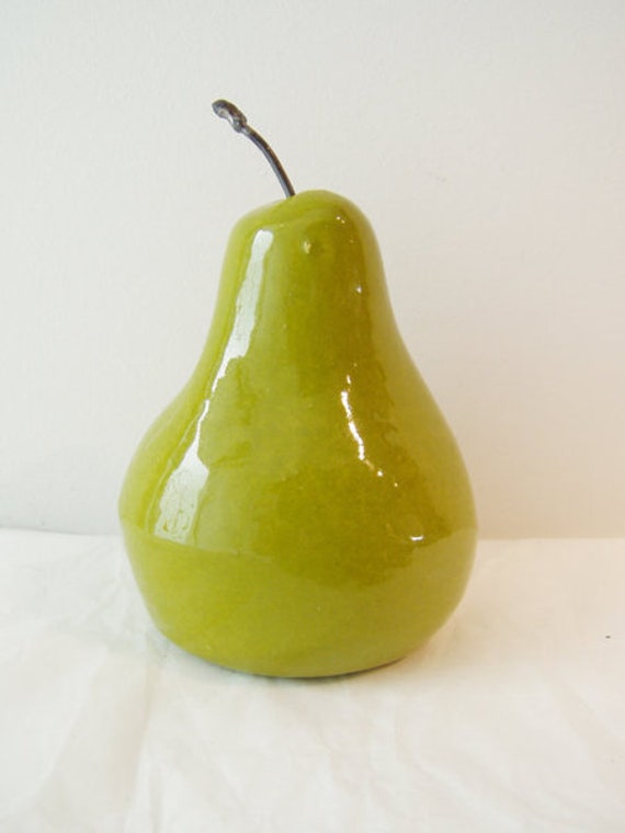 Ceramic pear sculpture, life size ceramic pear, minimal design fruit of earthenware clay with metal stem, lime green pear art object