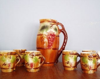 Vintage wine serving set, ceramic vintage, barrel shaped pitcher with six wine mugs, early sixties
