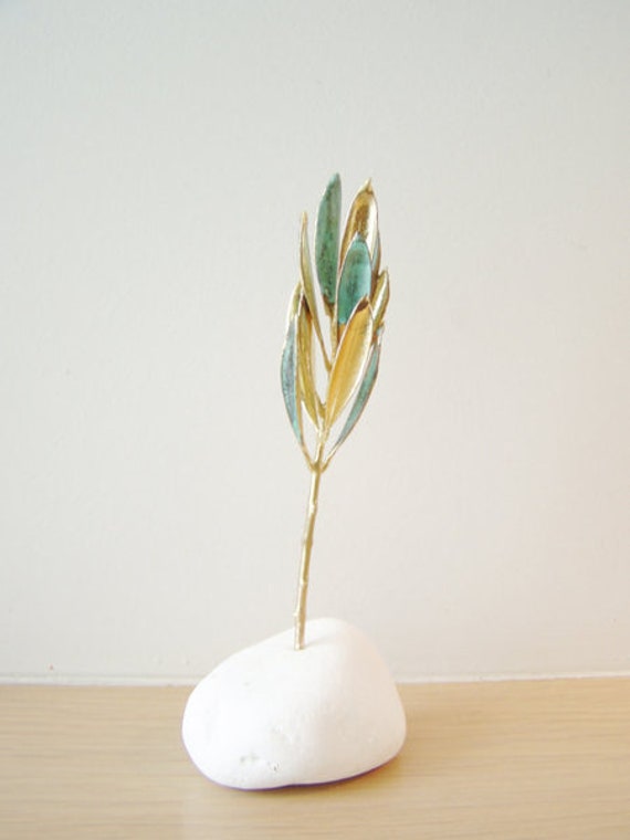 Real olive twig on white stone, Greek olive gift in vertigris and gold, green gold electroplated olive branch, Greek olive tree favours