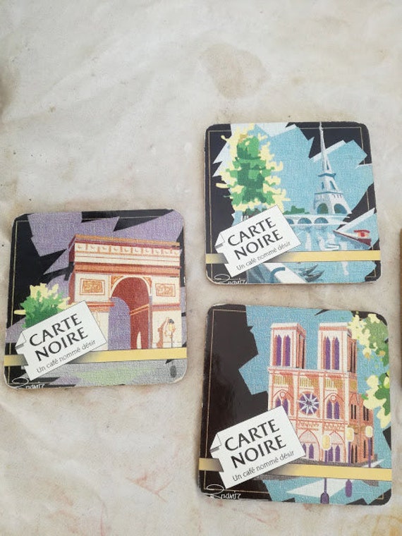 Vintage Paris coasters, Carte Noire Paris monuments coasters, cork and paper, black square coasters with Parisian landmarks, set of five