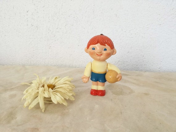 Plastic boy figurine, vintage toy, boy figurine with football, redhaired boy figure holding football, sixties Russian plastic toy