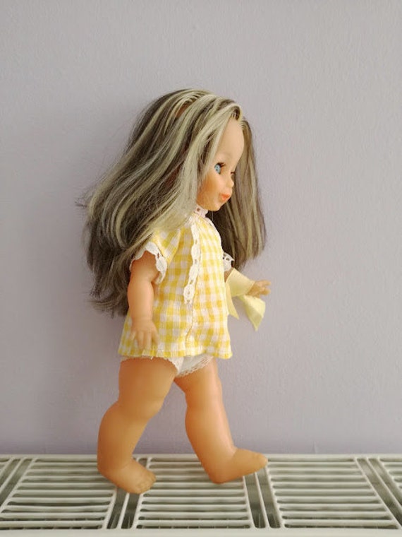 Vintage blond doll, long haired blond doll girl with yellow check dress, highlights grey blond plastic doll in yellow, gingham dress