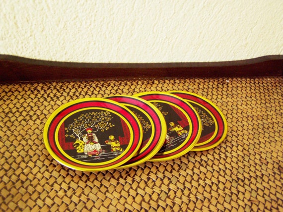 Vintage metal coasters, metal enameled coasters with Chinese theme, metal, red gold black coasters with Chinese illustration, set of six