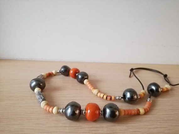 Ceramic beads necklace, boho hippie necklace, vintage ceramic necklace, gray orange beige necklace with leather cord, early eighties