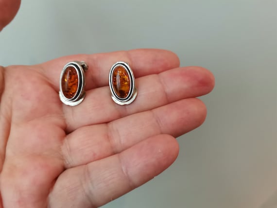 Vintage amber earrings, sterling silver oval,clip on earrings with cognac colour, amber stones, vintage retro earrings