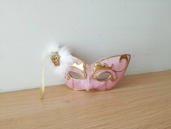 Vintage carnival mask, pink gold eye mask, masquerade, polyester mask ornament, pink and gold Venetian style mask ornament, early eighties