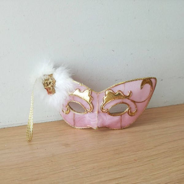 Vintage carnival mask, pink gold eye mask, masquerade, polyester mask ornament, pink and gold Venetian style mask ornament, early eighties