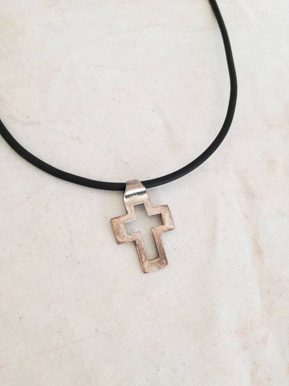 Vintage silver cross, sterling silver, rectangle cross, modern silver cross outline, unisex silver cross necklace on black silicon cord