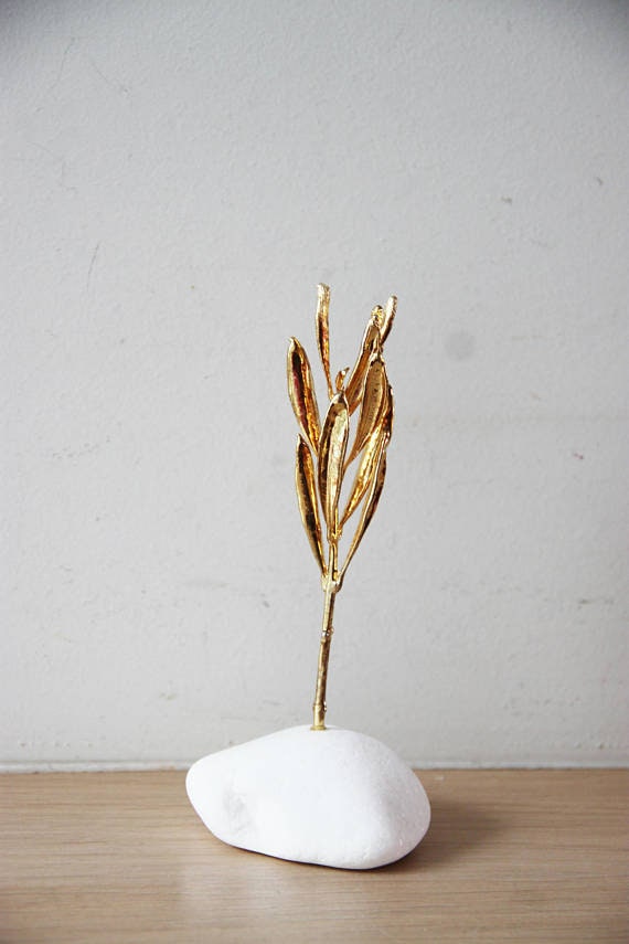 Gold olive branch eco sculpture, olive twig on white stone, Greek olive gift in gold, olive branch, electroplated with gold, eco favour