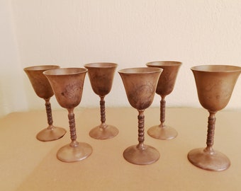 Vintage brass goblets, handmade liqueur goblets, brass drinking goblets, rustic barware and decor, set of six, early sixties