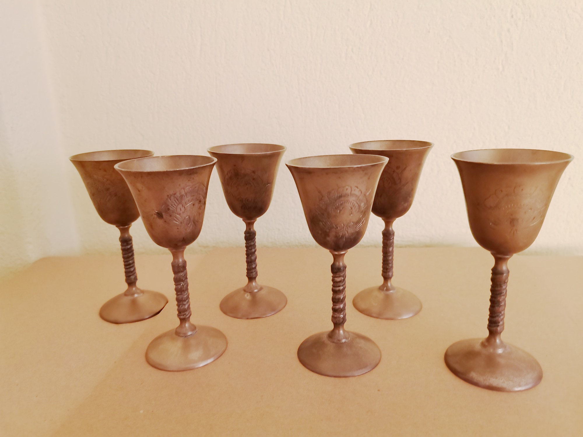 Vintage brass goblets, handmade liqueur goblets, brass drinking goblets,  rustic barware and decor, set of six, early sixties