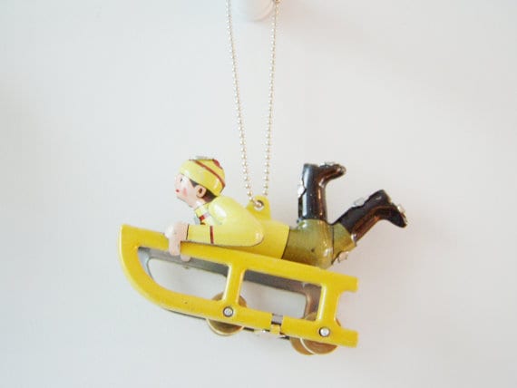 Yellow sled tree ornament, Christmas tree ornament, vintage tree ornament with child in winter clothes, collectible sled miniature